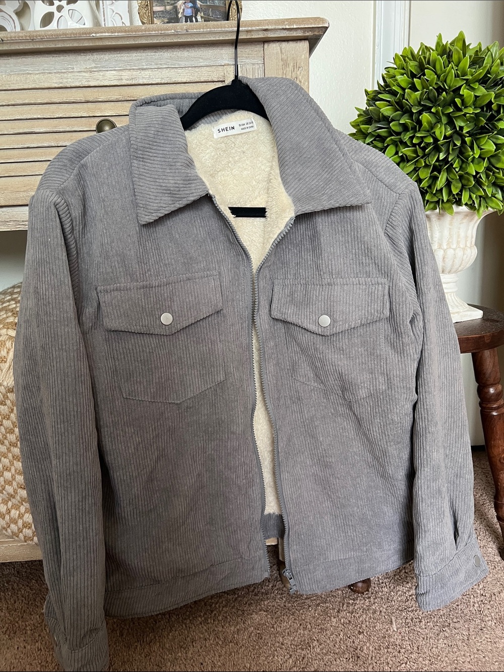 SHEIN Light Gray Corduroy Jacket with Cream Sherpa Lining - Picture 1 of 6